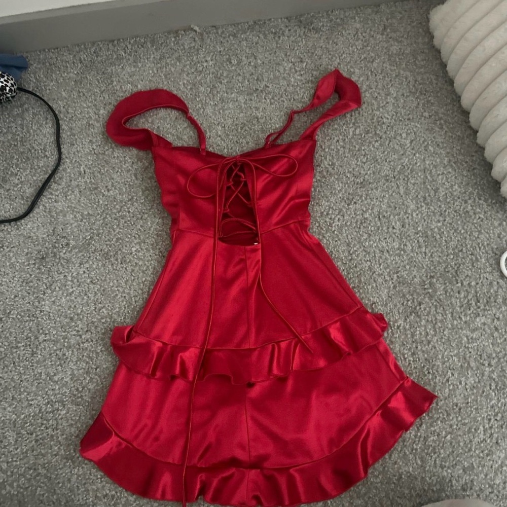 Red Satin Ruffle Mini Dress - Picture 2 of 3